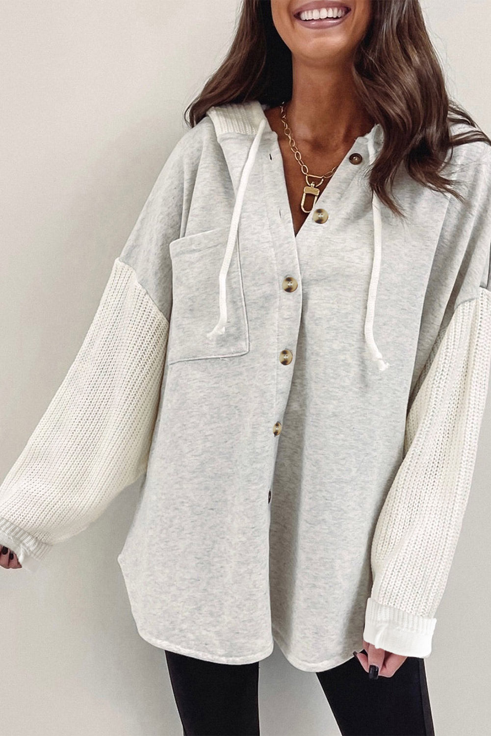 Gray Contrast Knitted Sleeves Plus Size Hoodie