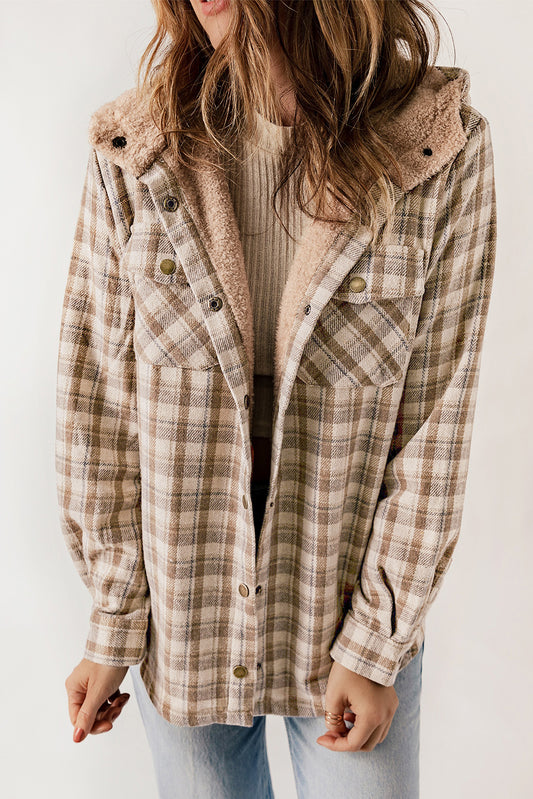 Black Plaid Pattern Sherpa Lined Hooded Shacket