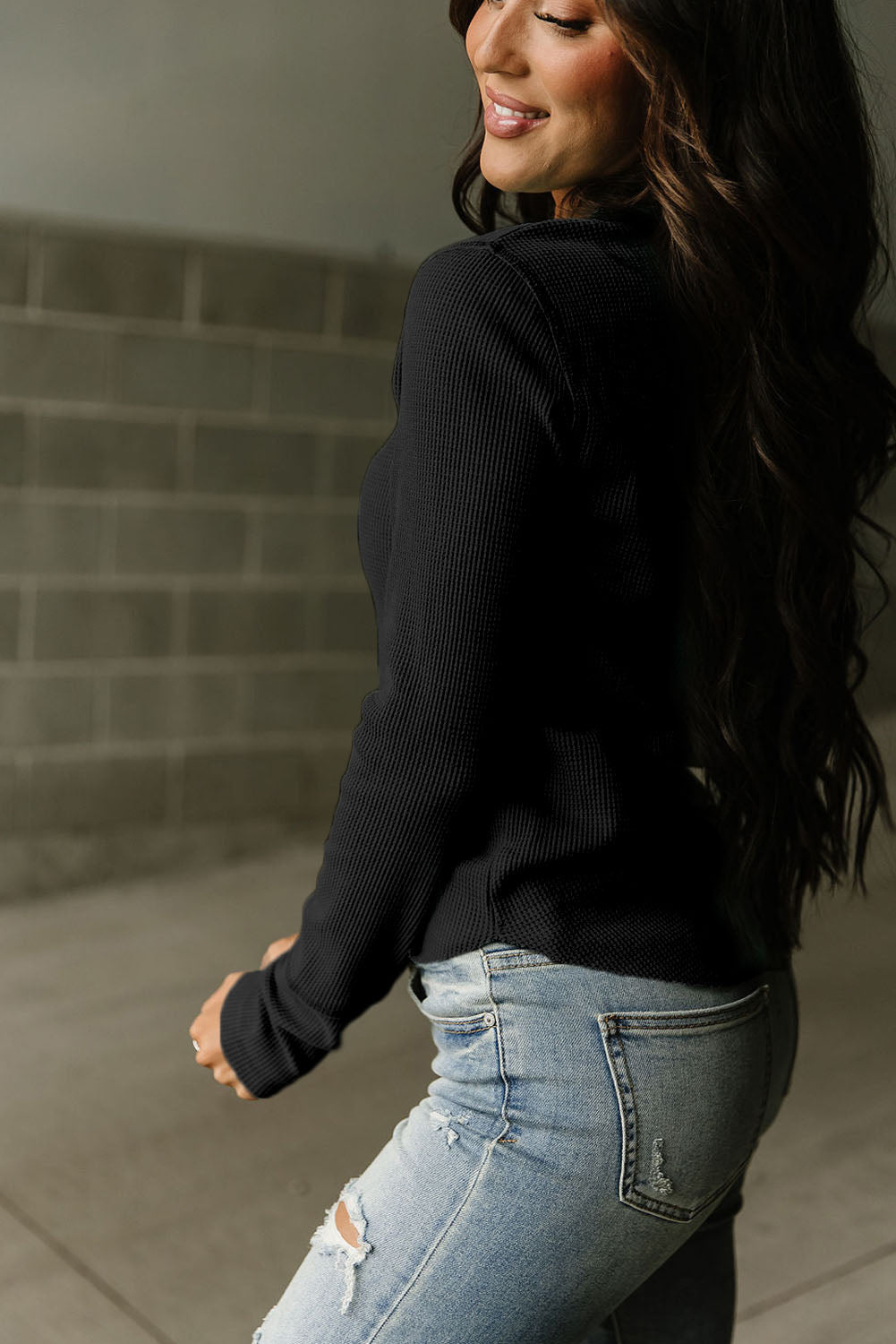 Brown Trimmed Neckline Waffle Knit Henley Top