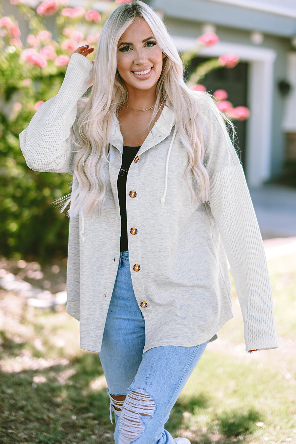 Gray Contrast Knitted Sleeves Plus Size Hoodie