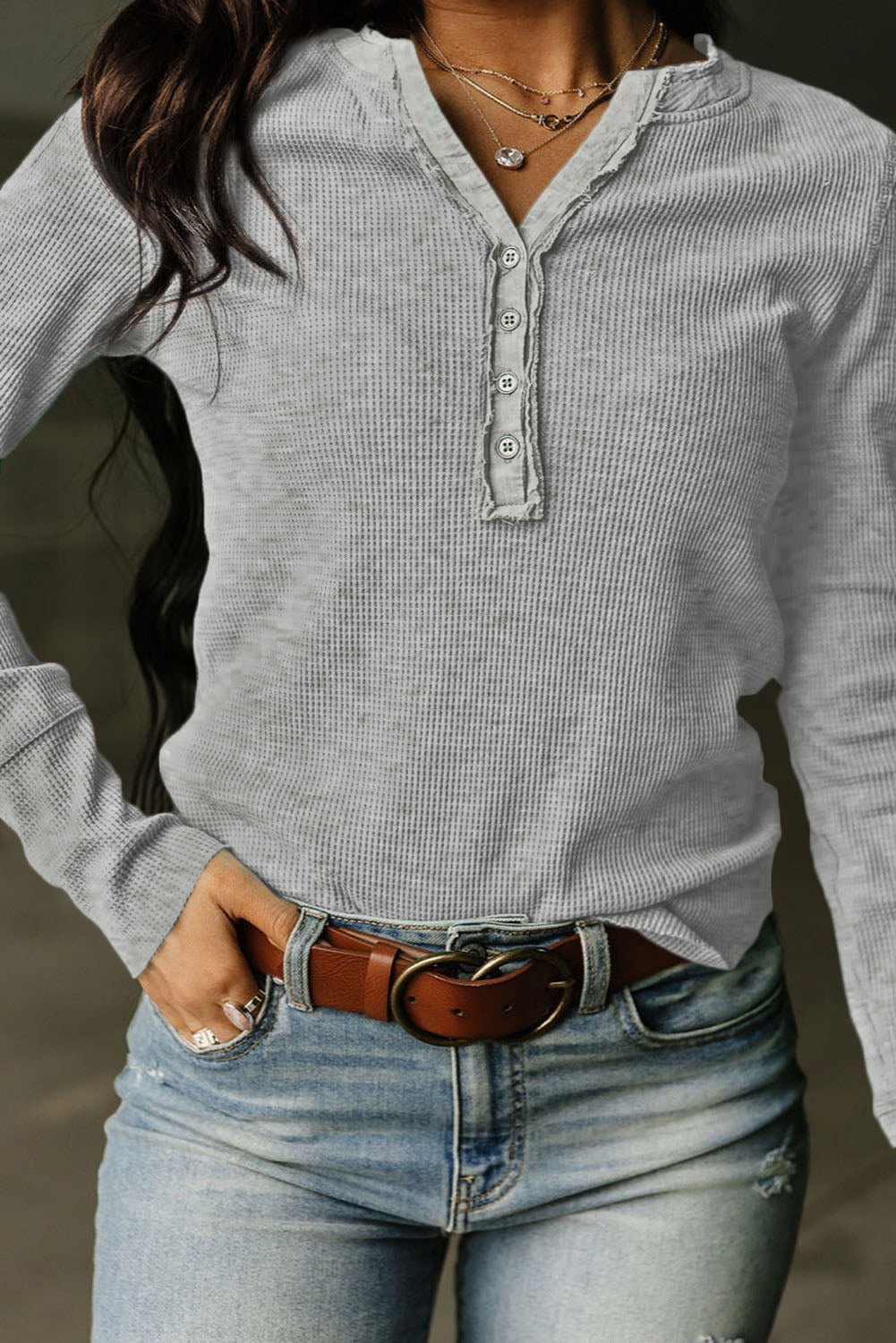 Brown Trimmed Neckline Waffle Knit Henley Top