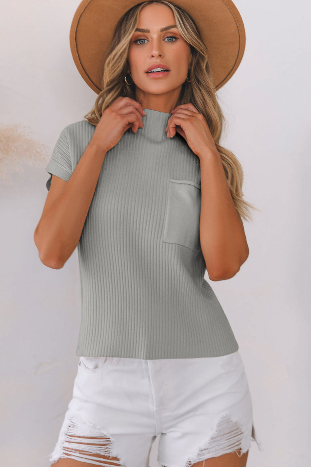 Apricot Ribbed V Neck Patched Chest Pocket Knit T-shirt