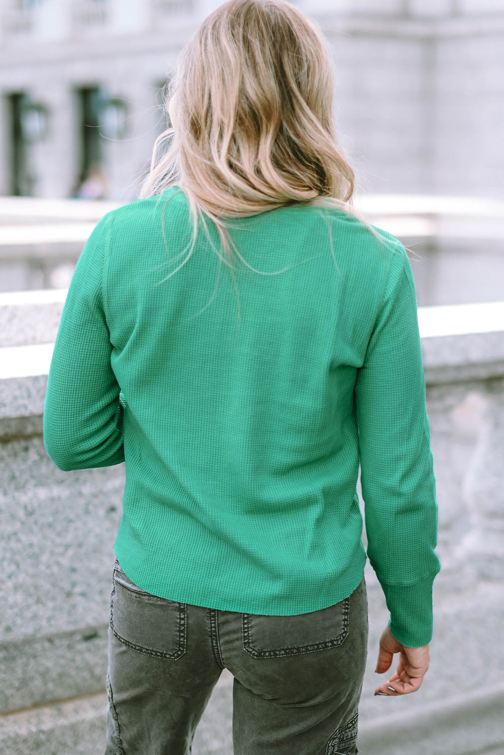 Brown Trimmed Neckline Waffle Knit Henley Top