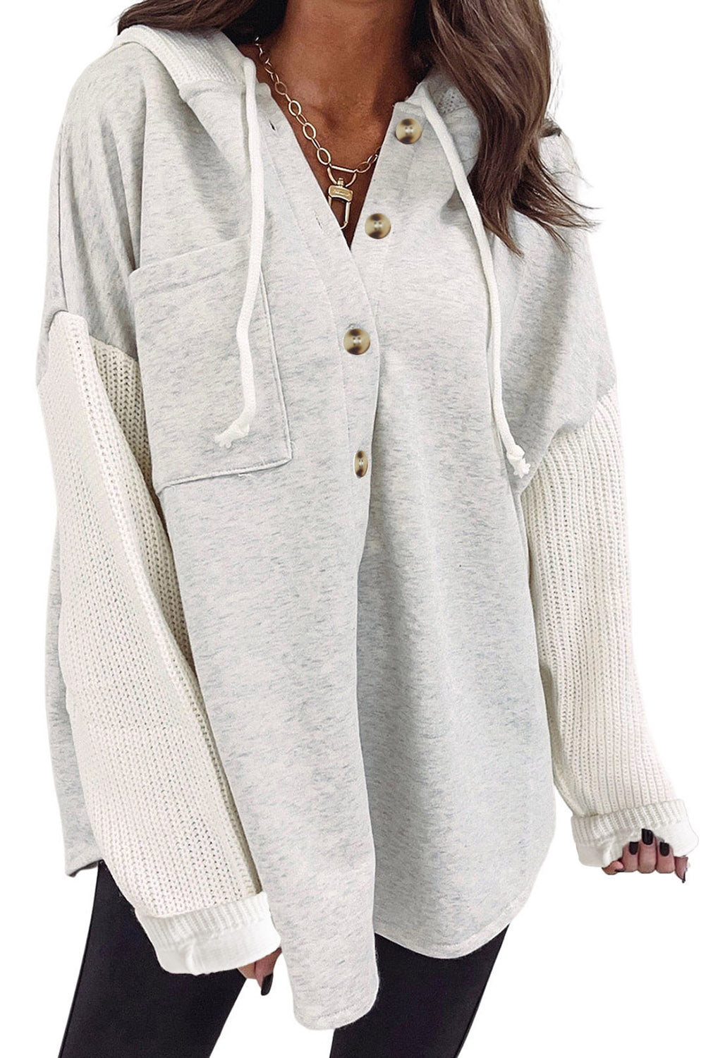 Gray Contrast Knitted Sleeves Plus Size Hoodie