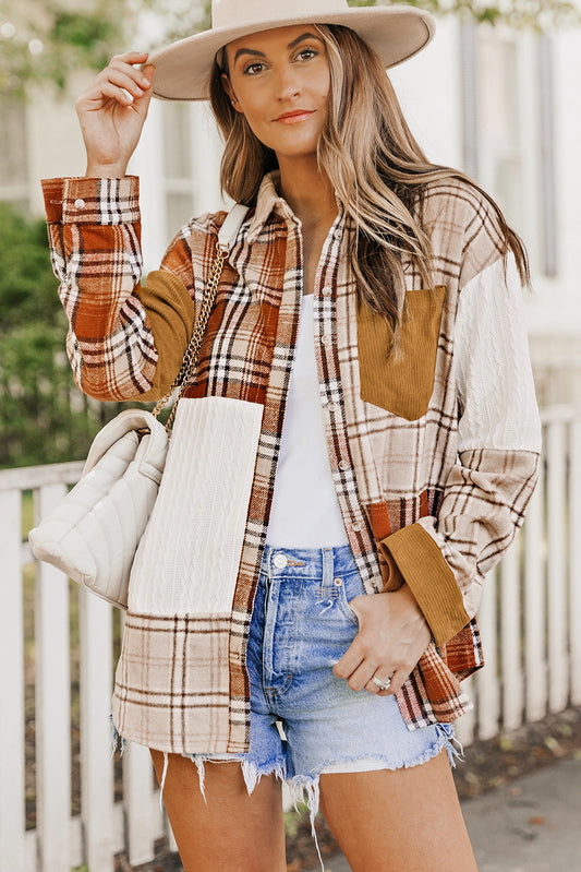 Blue Plaid Color Block Patchwork Shirt Jacket with Pocket
