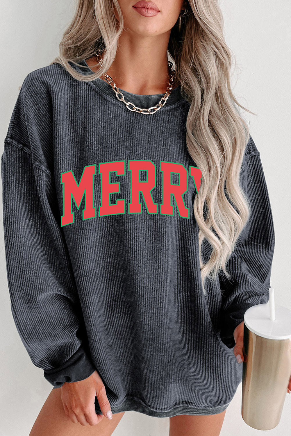 Black Plus Size HO HO HO Santa Graphic Corded Sweatshirt