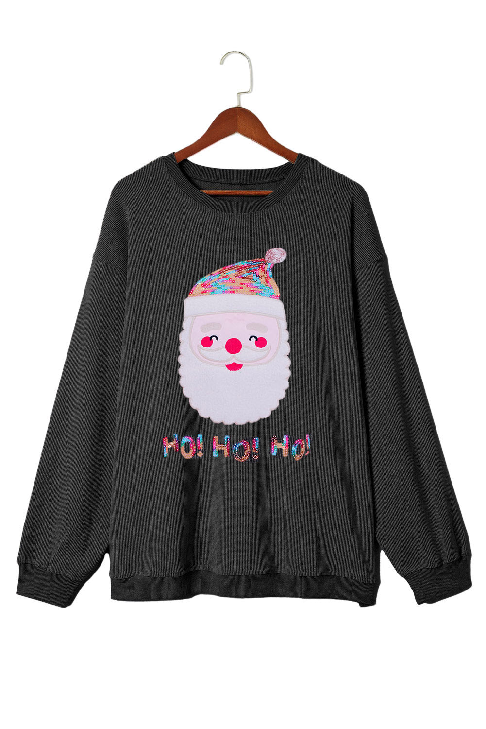 Black Plus Size HO HO HO Santa Graphic Corded Sweatshirt