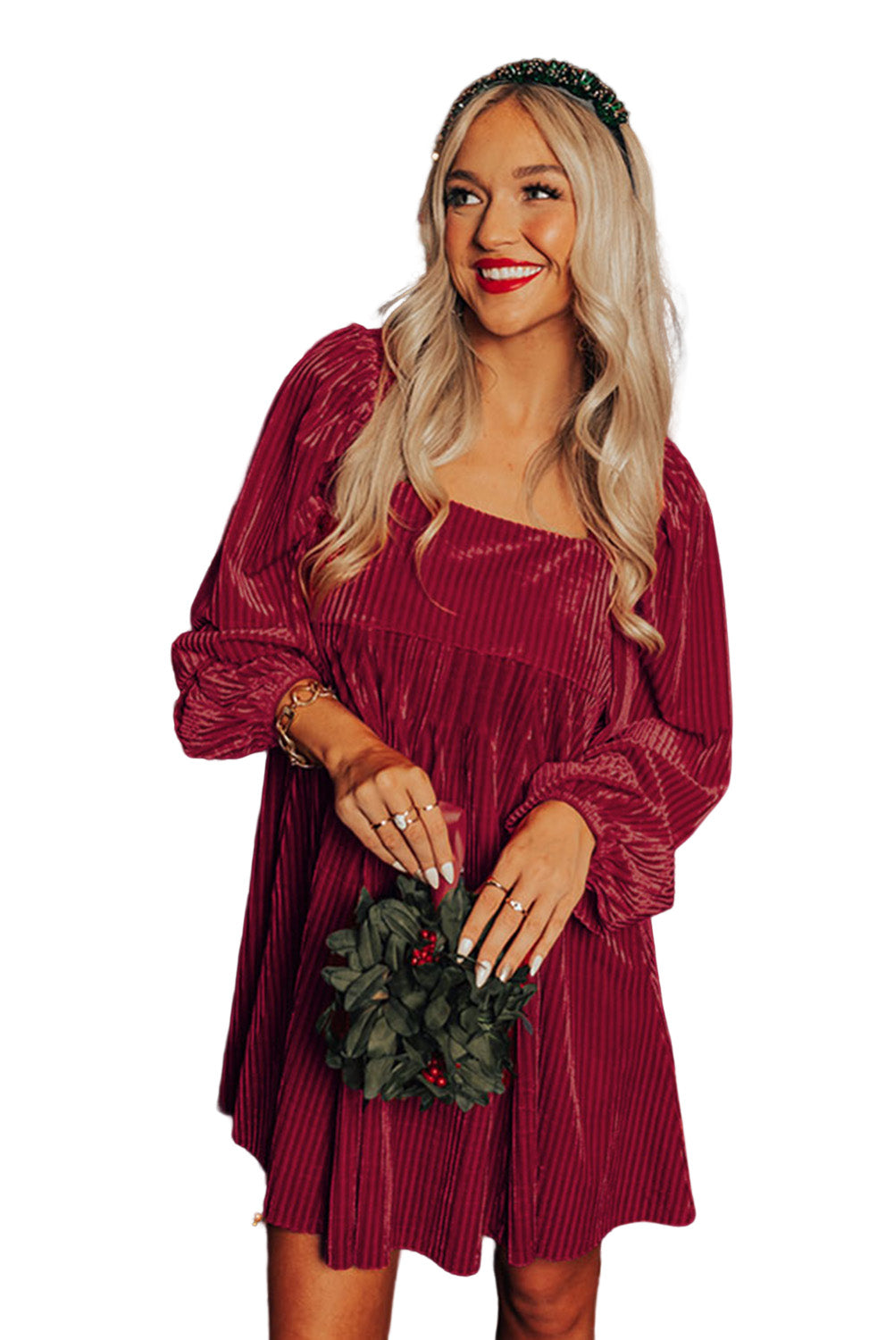 Blackish Green Smocked Ribbed Velvet Babydoll Top