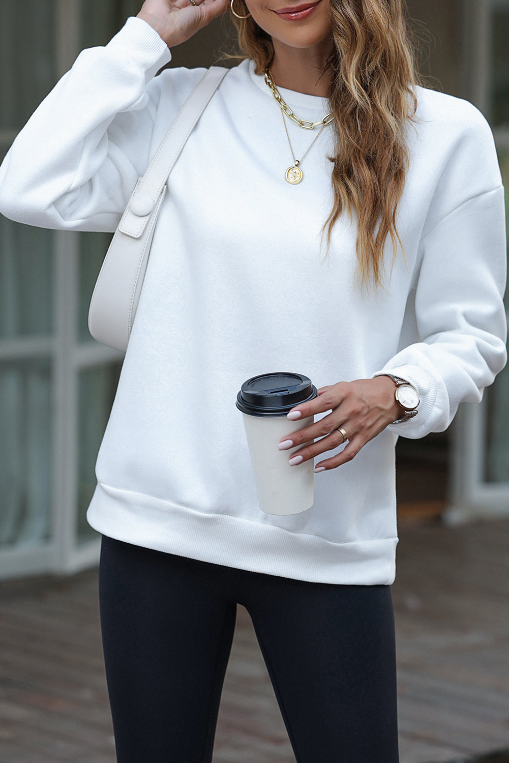 White LOVE Chenille Embroidered Cable Knit Pullover Sweatshirt
