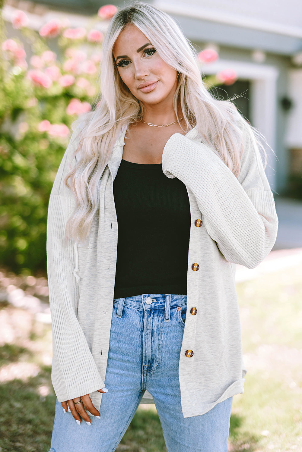 Gray Contrast Knitted Sleeves Plus Size Hoodie