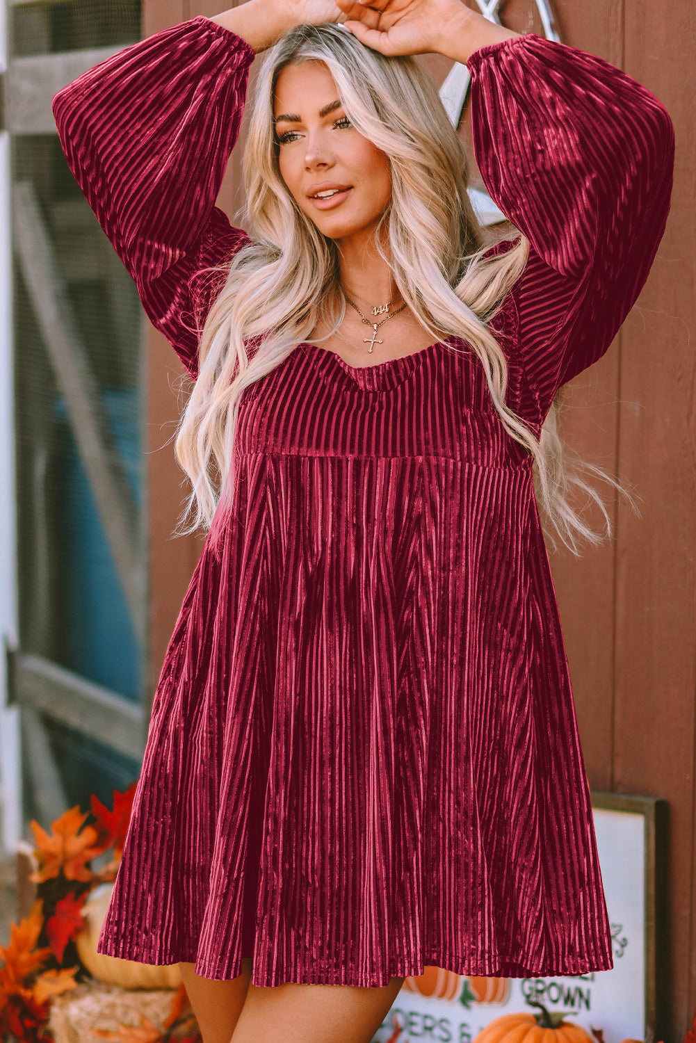 Blackish Green Smocked Ribbed Velvet Babydoll Top