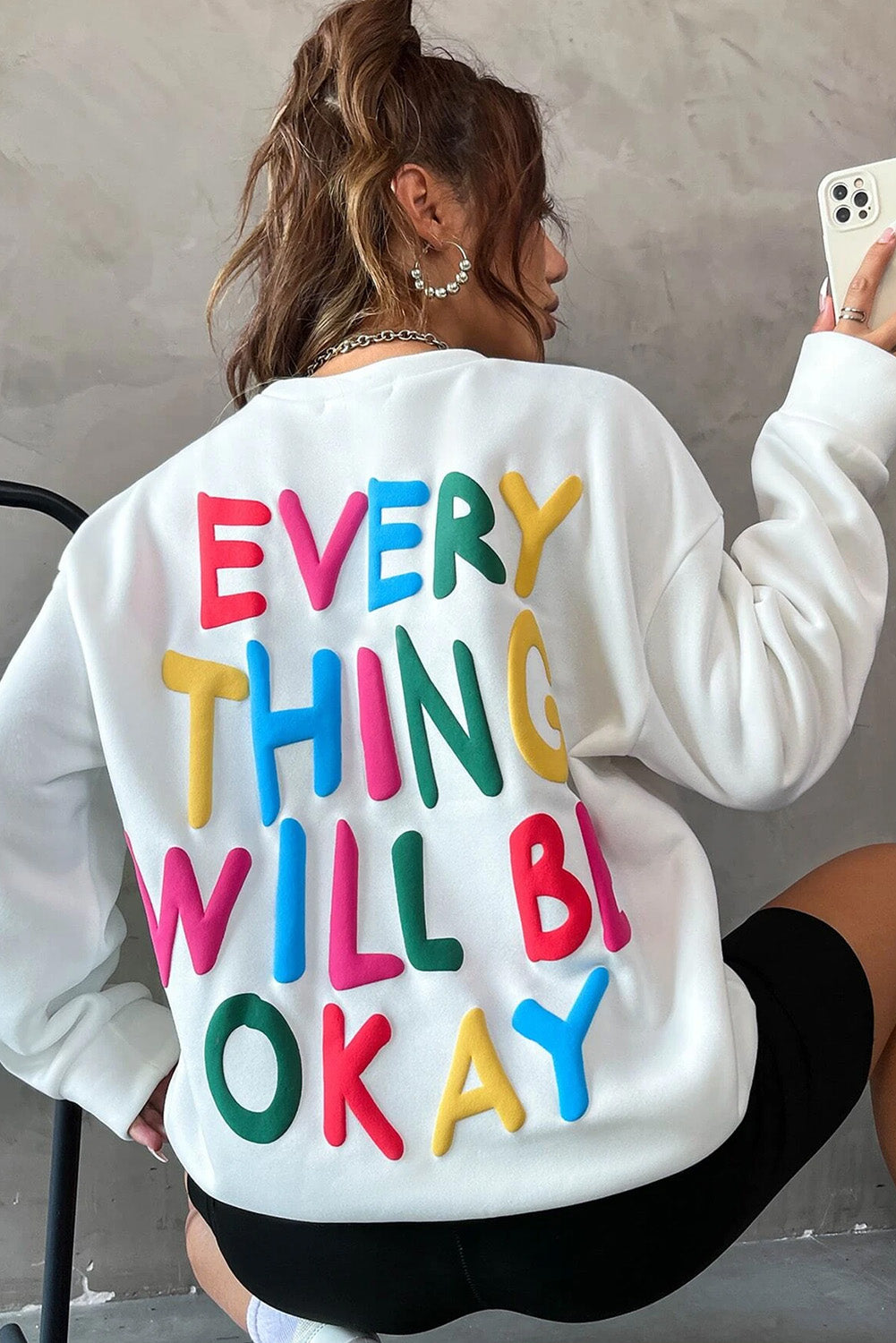 White LOVE Chenille Embroidered Cable Knit Pullover Sweatshirt