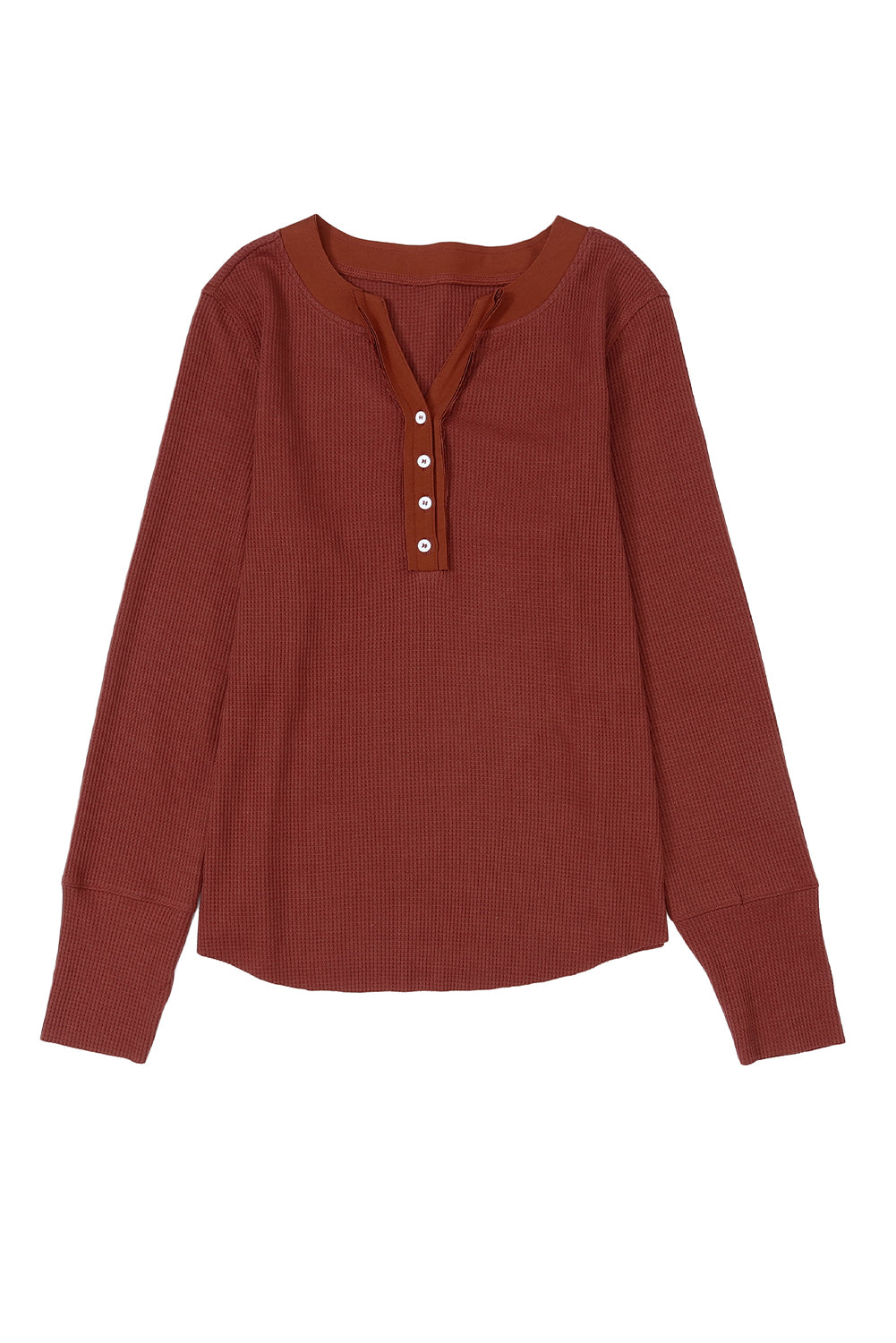 Brown Trimmed Neckline Waffle Knit Henley Top