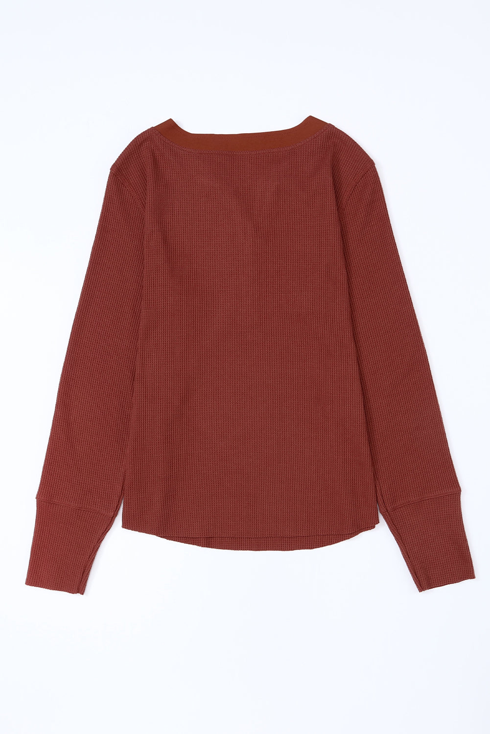 Brown Trimmed Neckline Waffle Knit Henley Top