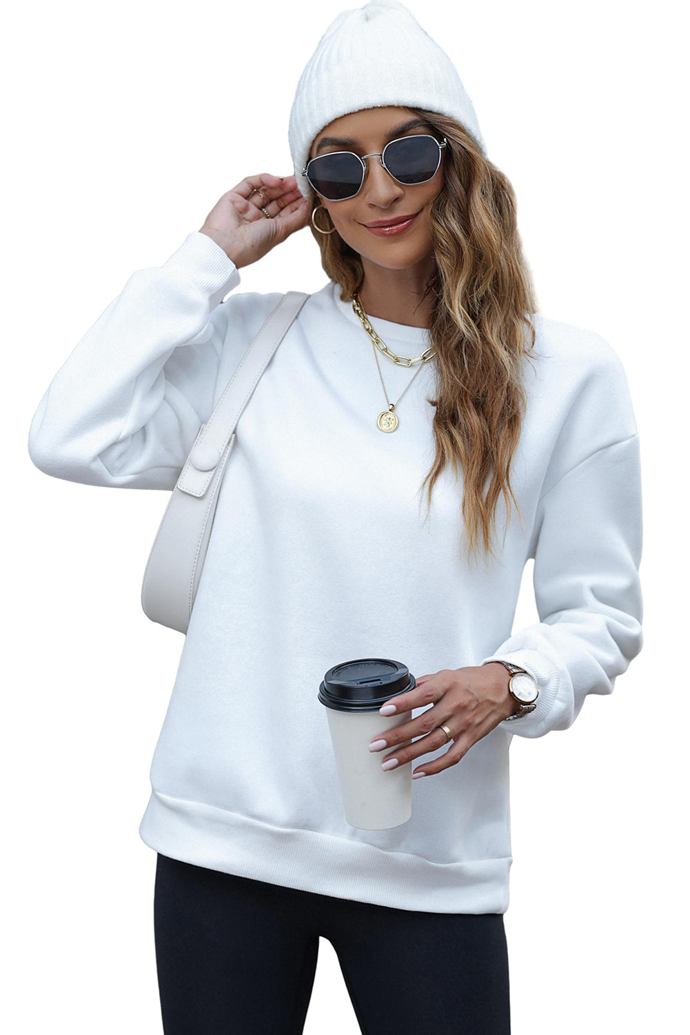 White LOVE Chenille Embroidered Cable Knit Pullover Sweatshirt