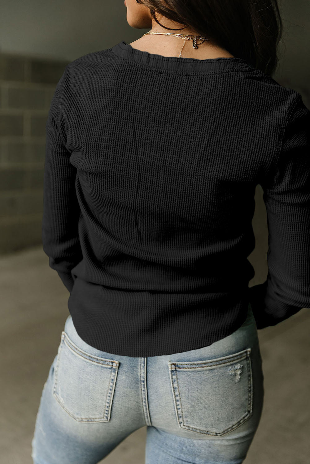 Brown Trimmed Neckline Waffle Knit Henley Top