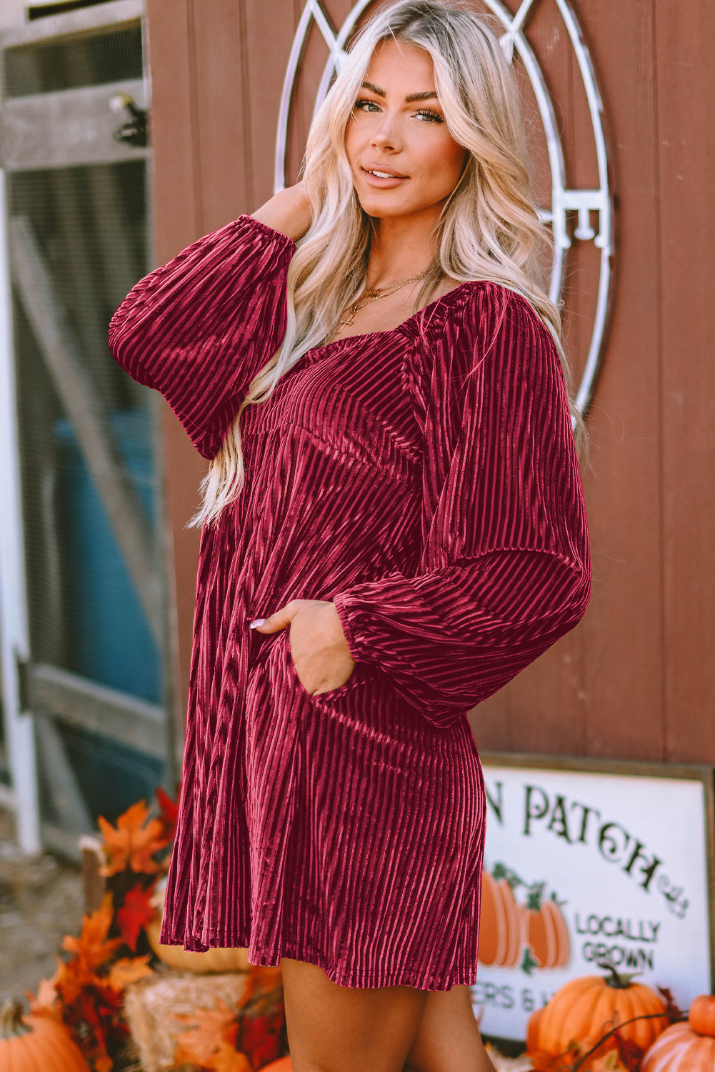 Blackish Green Smocked Ribbed Velvet Babydoll Top