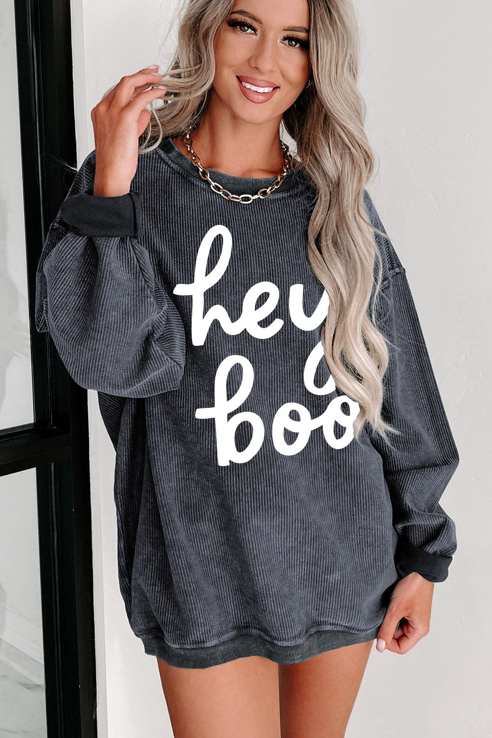 Black Plus Size HO HO HO Santa Graphic Corded Sweatshirt