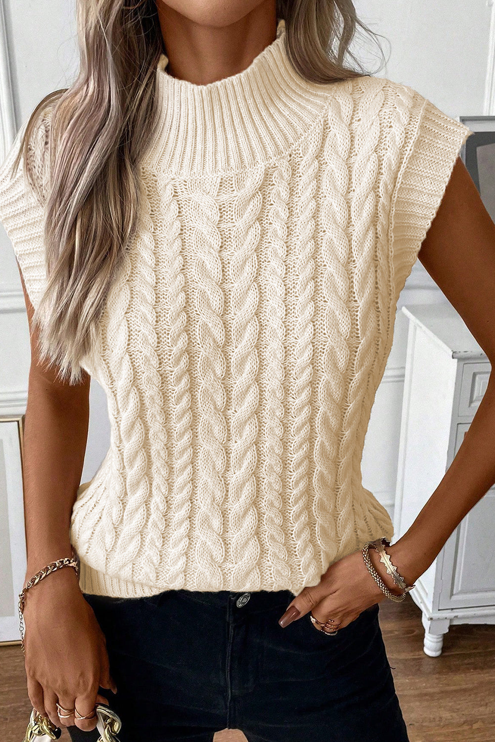 Black Cable Knit High Neck Sweater Vest