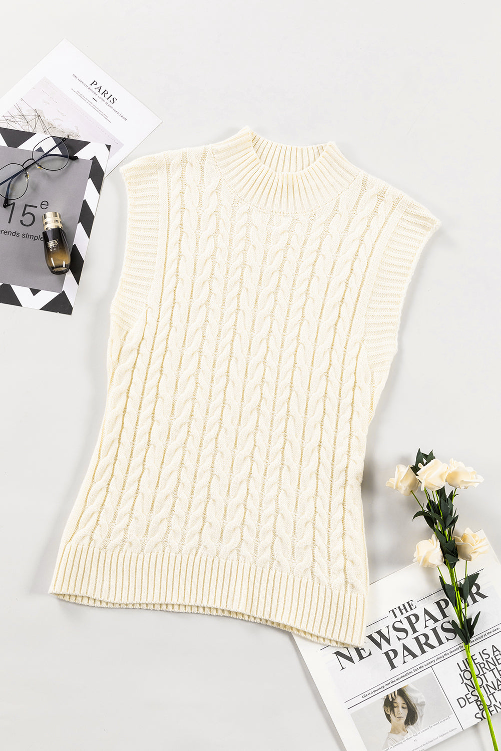 Black Cable Knit High Neck Sweater Vest