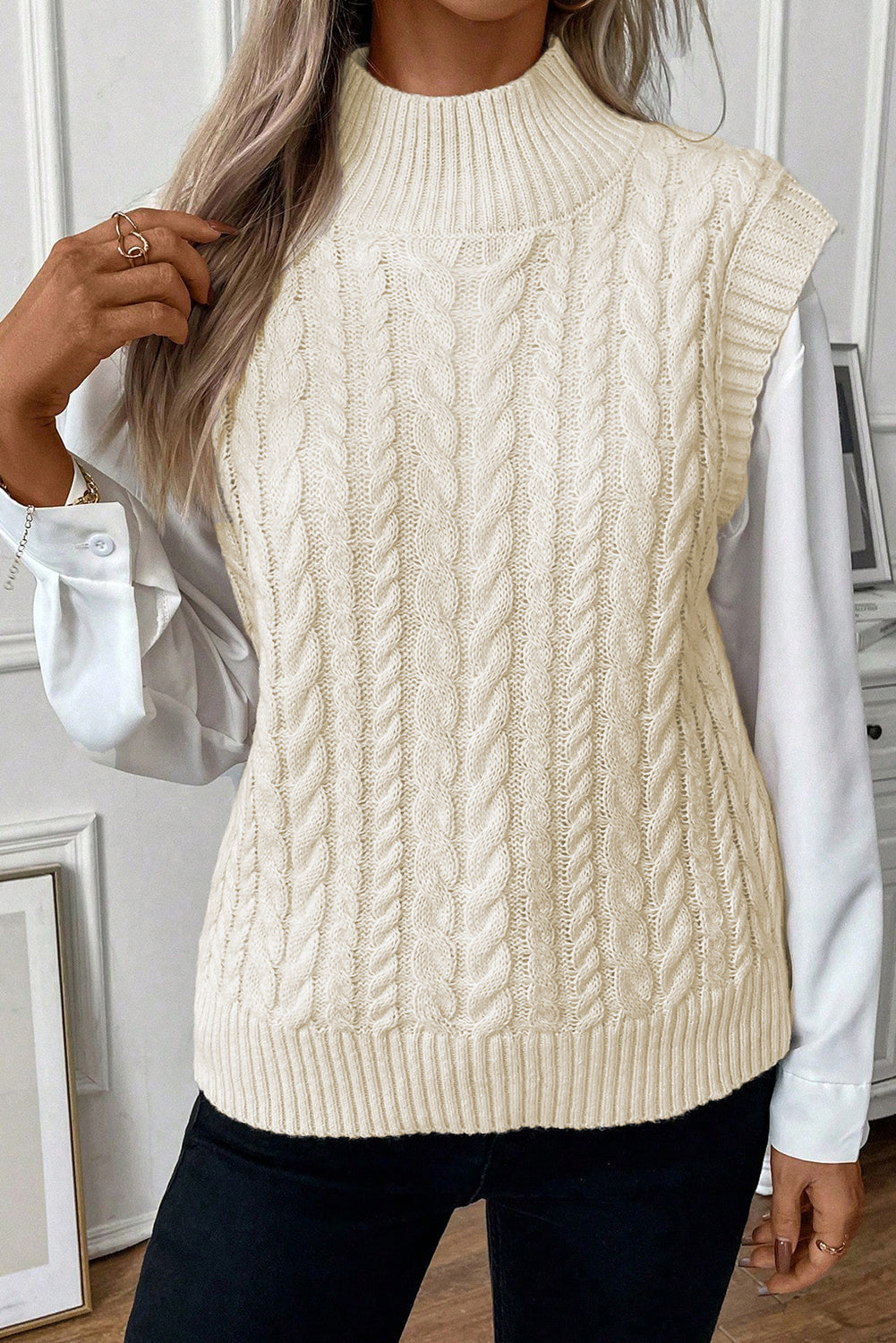 Black Cable Knit High Neck Sweater Vest