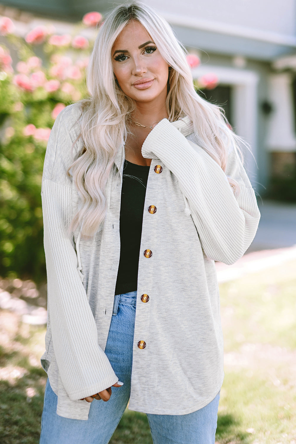 Gray Contrast Knitted Sleeves Plus Size Hoodie