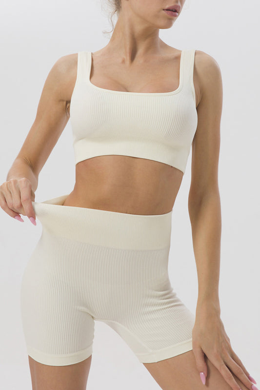Brown 2pcs Solid Color Ribbed Knit Yoga Set