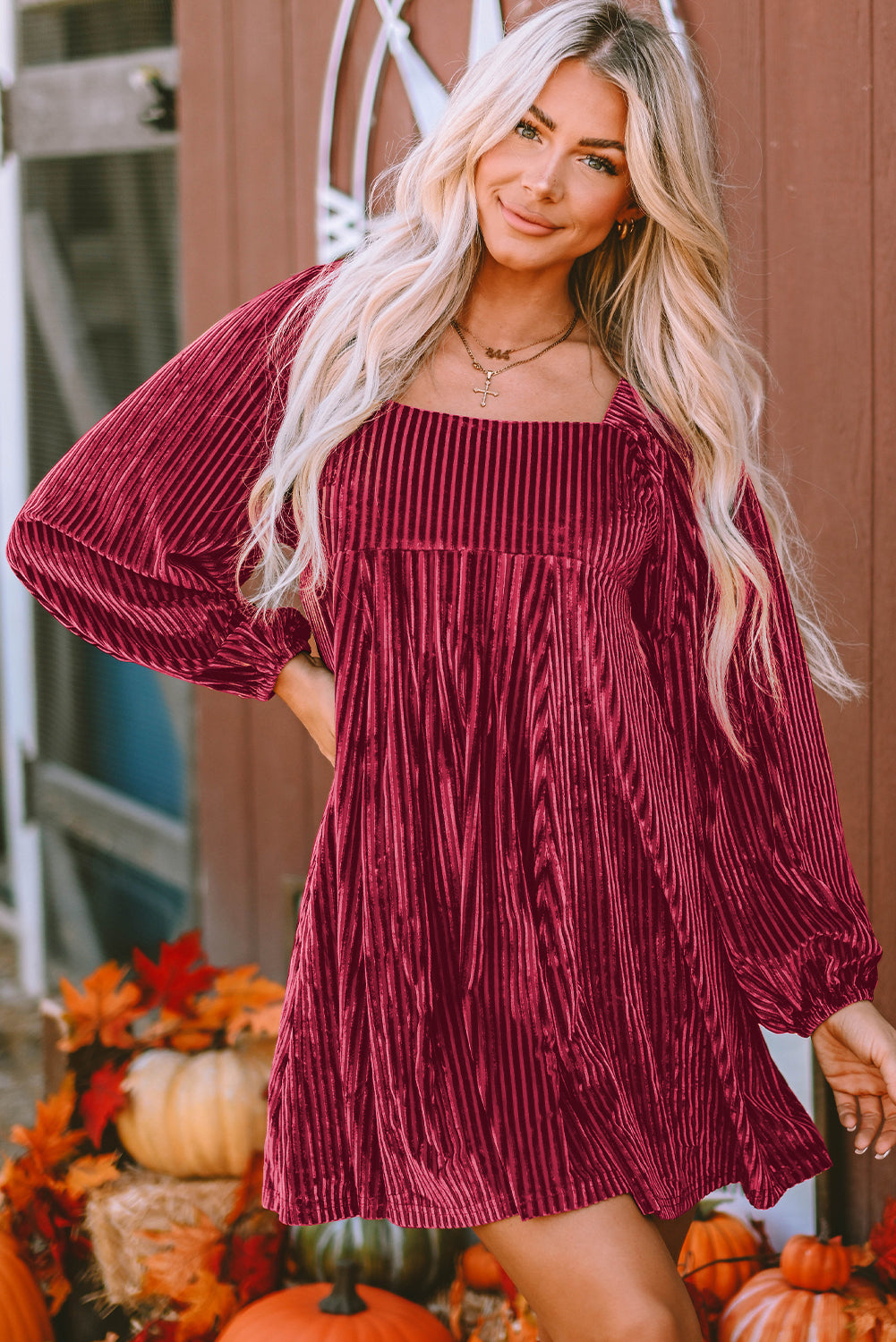 Blackish Green Smocked Ribbed Velvet Babydoll Top