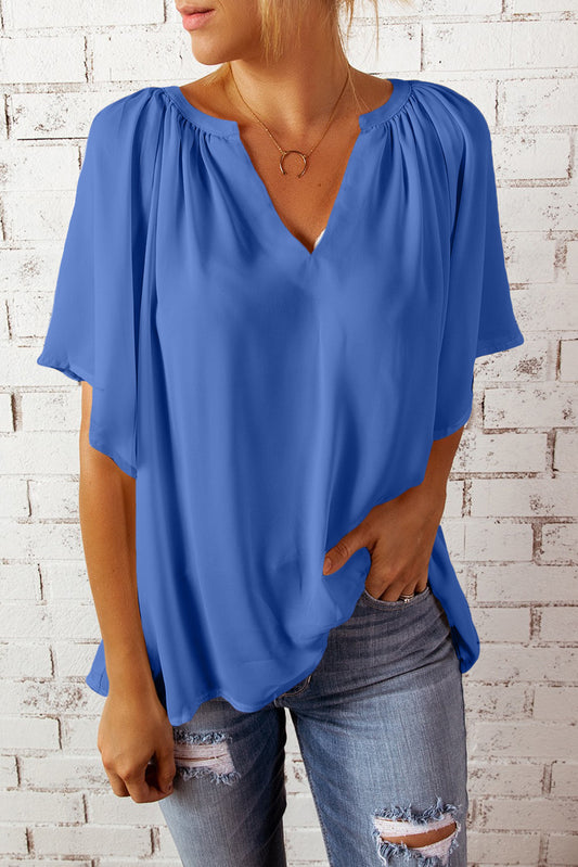 Black Split Neck Pleated Loose Top