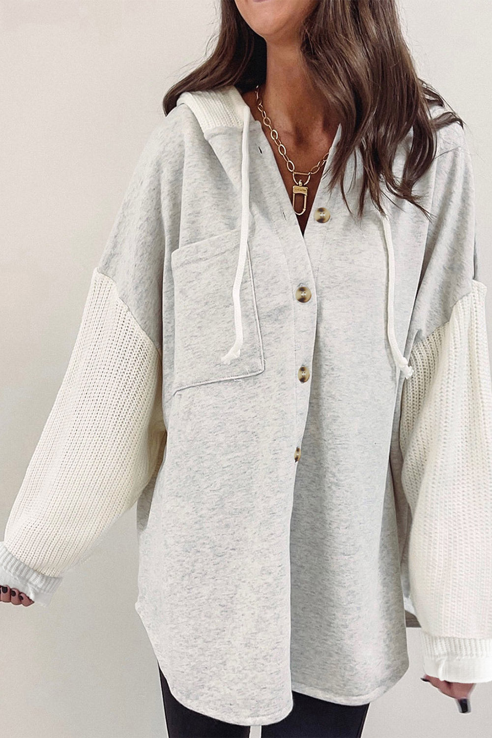 Gray Contrast Knitted Sleeves Plus Size Hoodie