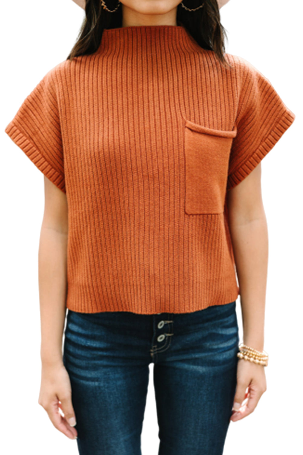 Jungle Green Plus Size Mock Neck Chest Pocket Short Sleeve Sweater