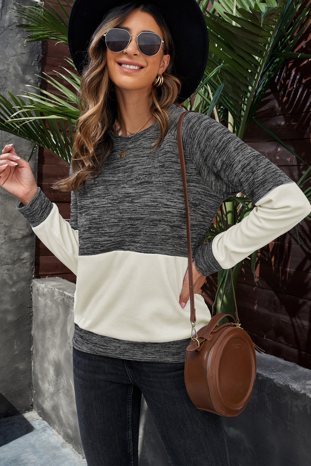 Gray Color Block Raglan Long Sleeve Top