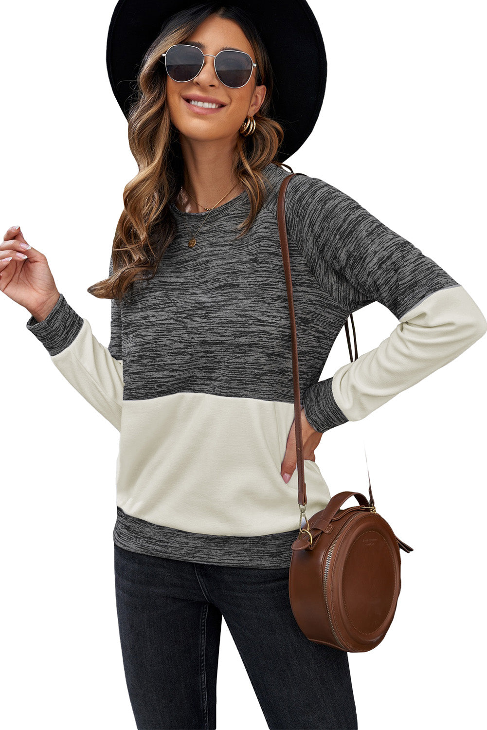 Gray Color Block Raglan Long Sleeve Top
