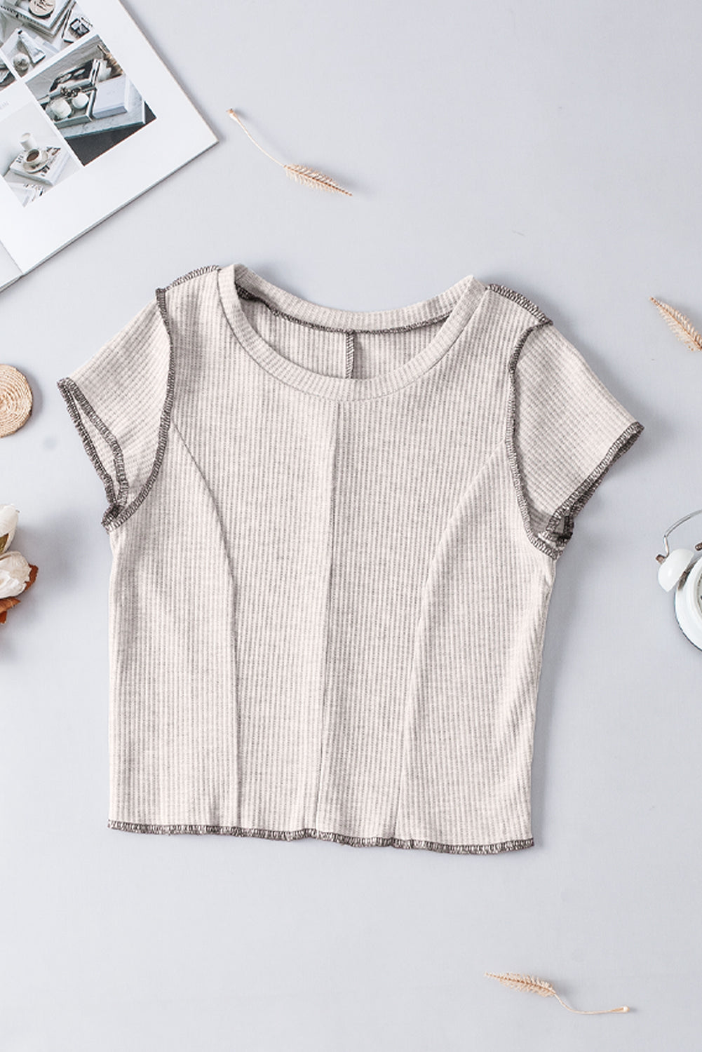 Gray Cap Sleeves Seamed Knitted Crop Top