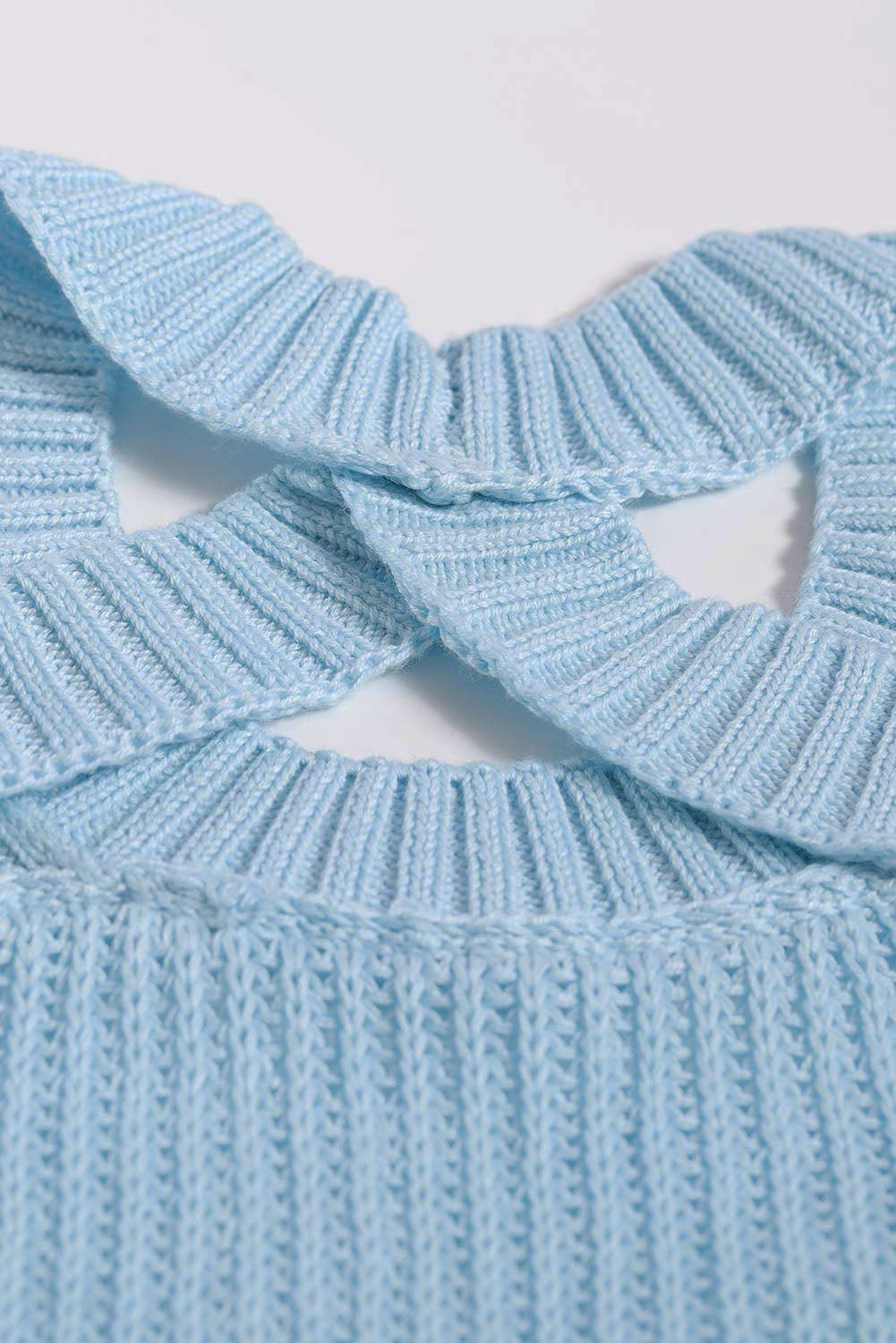 Sky Blue Casual Loose Halter Neck Cold Shoulder Ribbed Knit Sweater
