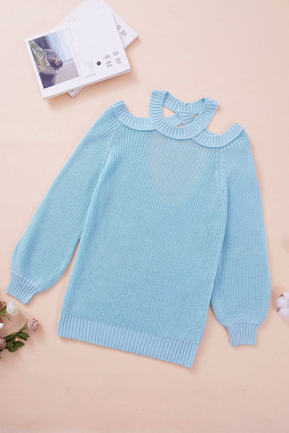 Sky Blue Casual Loose Halter Neck Cold Shoulder Ribbed Knit Sweater