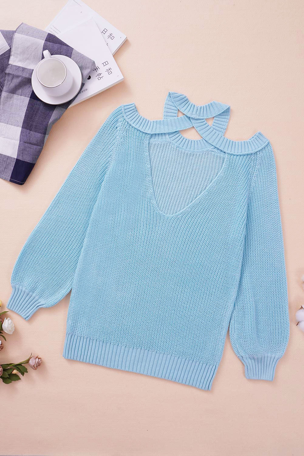 Sky Blue Casual Loose Halter Neck Cold Shoulder Ribbed Knit Sweater