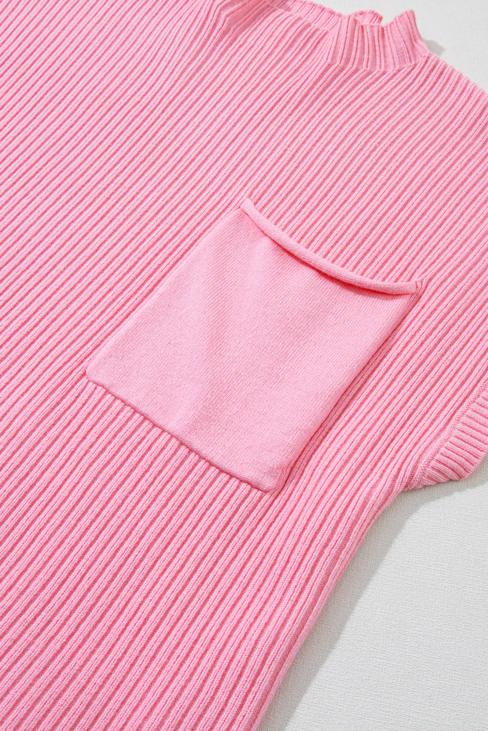 Apricot Ribbed V Neck Patched Chest Pocket Knit T-shirt