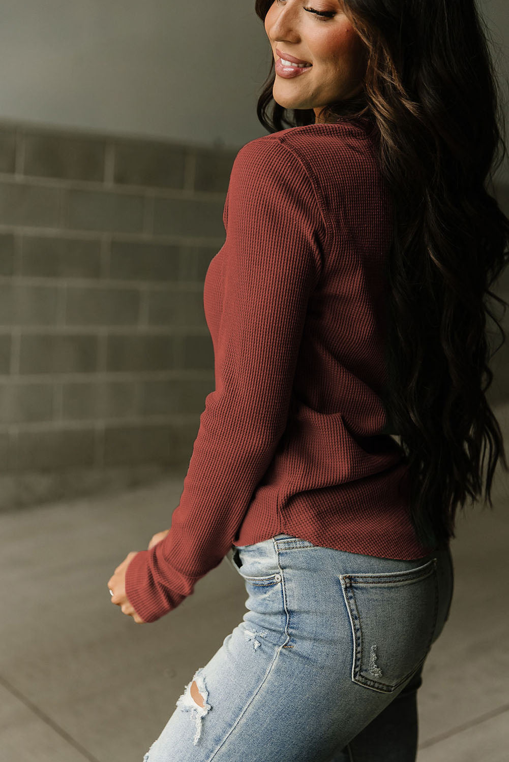 Brown Trimmed Neckline Waffle Knit Henley Top