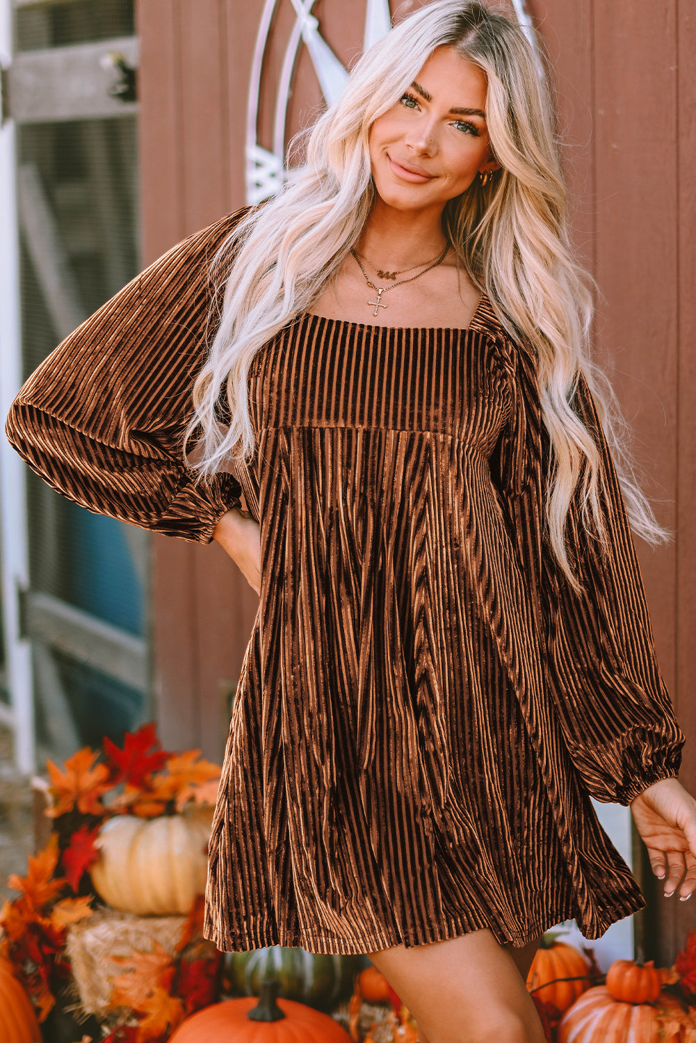 Blackish Green Smocked Ribbed Velvet Babydoll Top