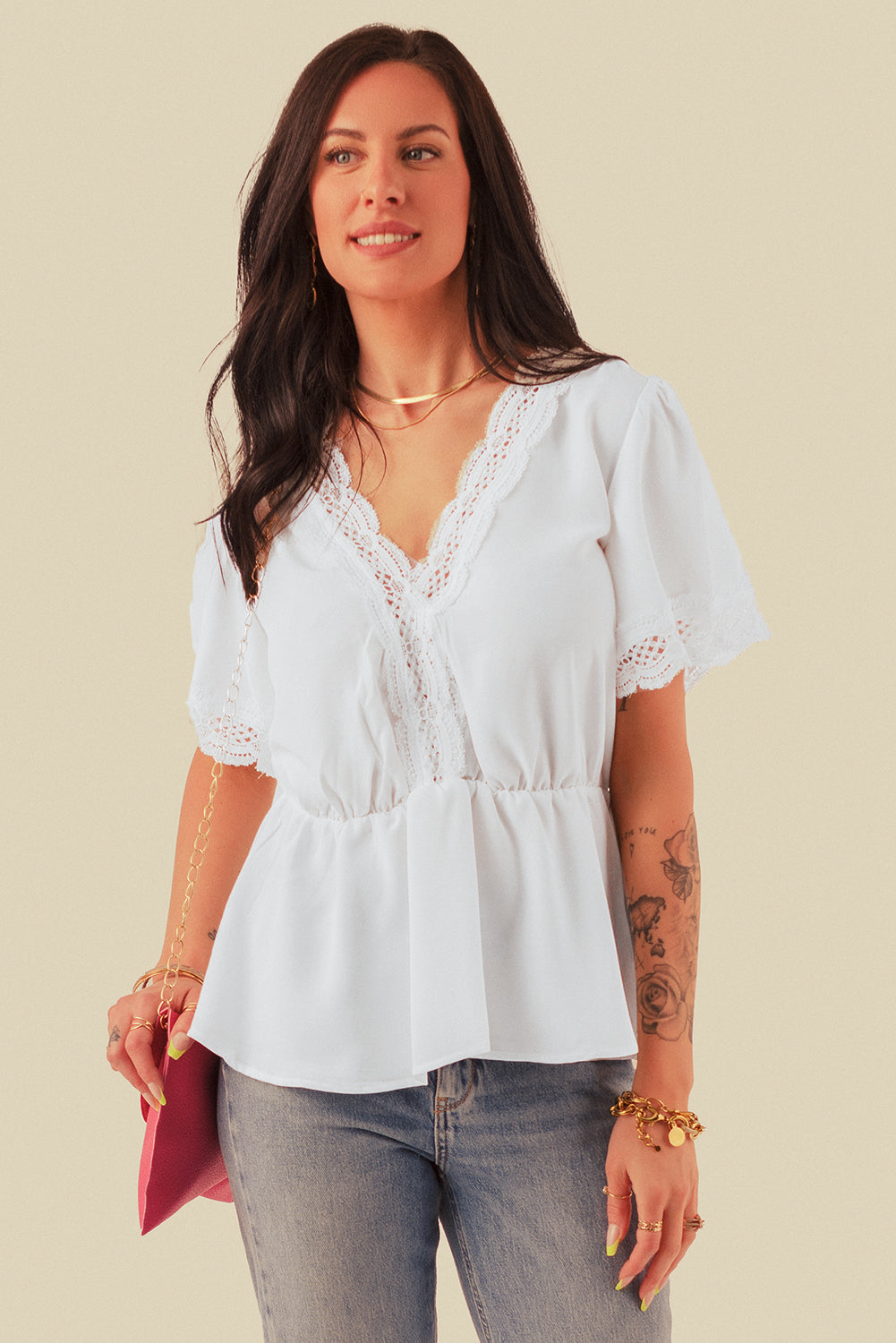 Black Lace Splicing V Neck Short Sleeve Blouse