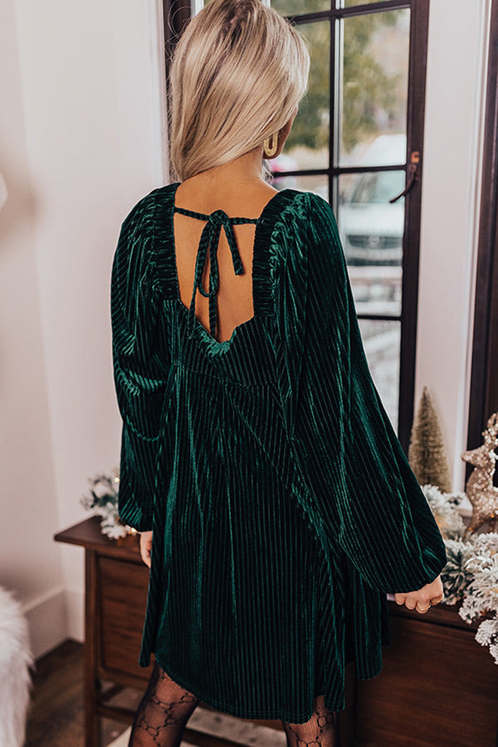 Blackish Green Smocked Ribbed Velvet Babydoll Top