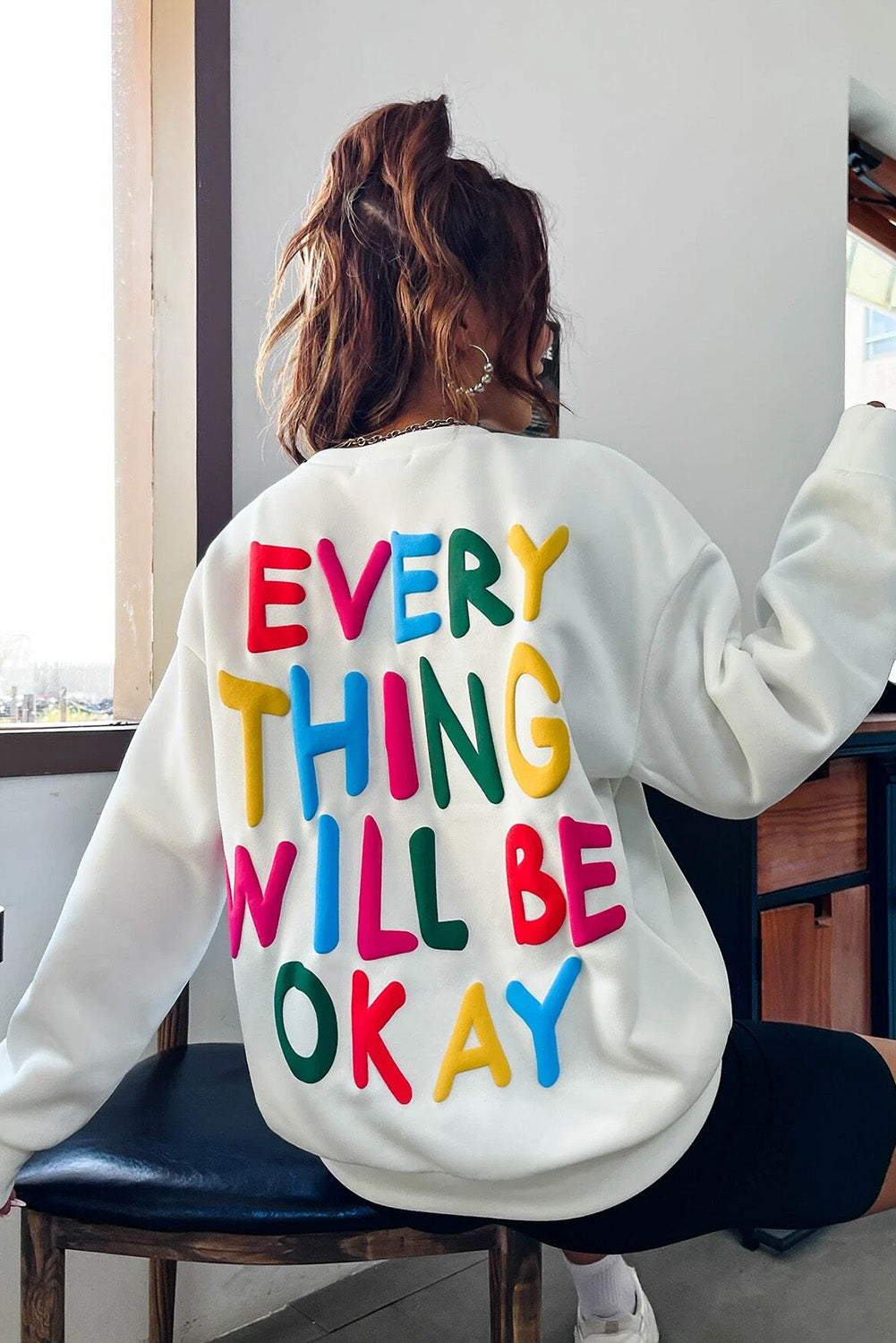 White LOVE Chenille Embroidered Cable Knit Pullover Sweatshirt