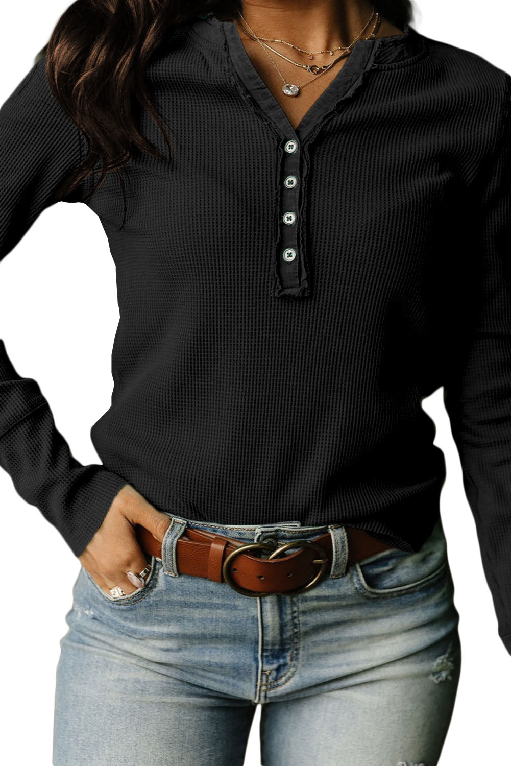 Brown Trimmed Neckline Waffle Knit Henley Top
