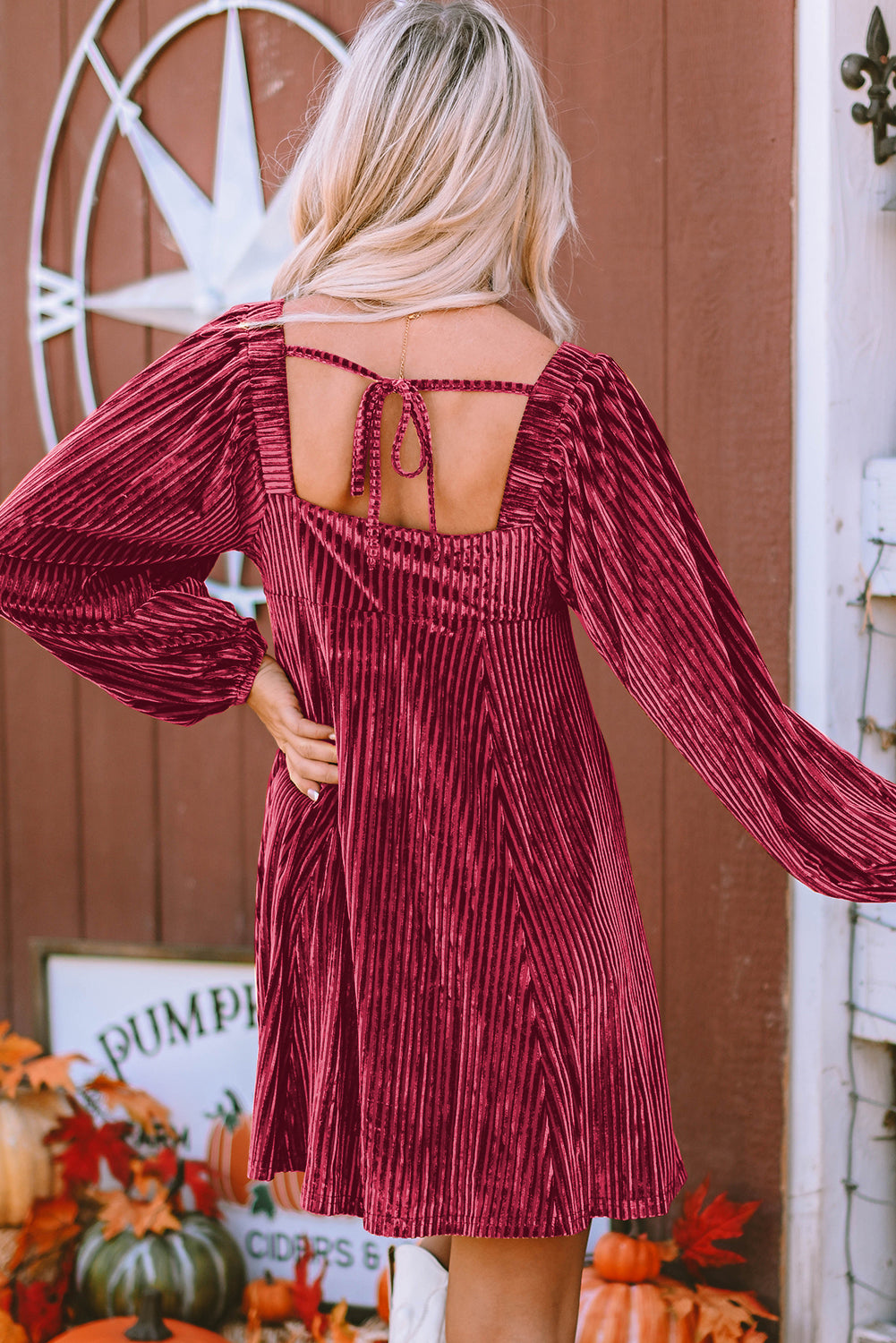 Blackish Green Smocked Ribbed Velvet Babydoll Top