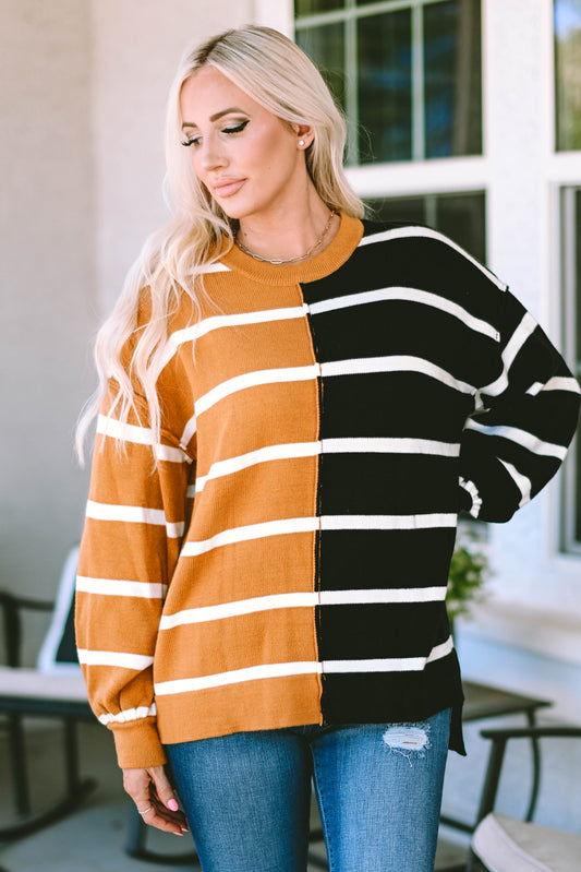 Plus Size Colorblock Striped Patchwork Loose Sweater