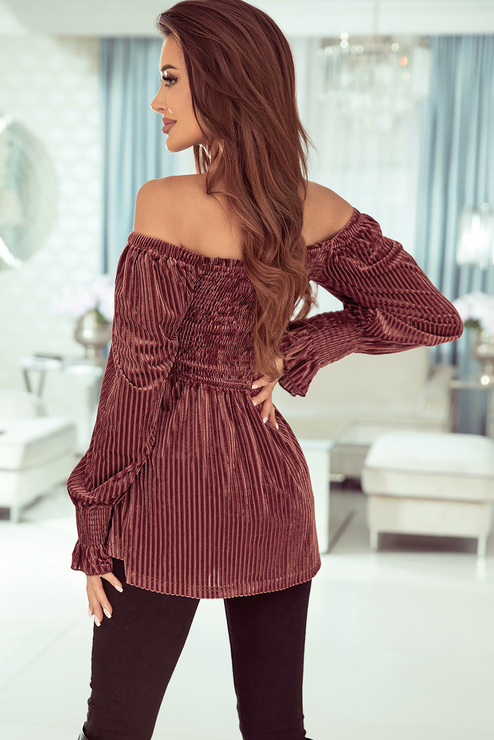 Blackish Green Smocked Ribbed Velvet Babydoll Top