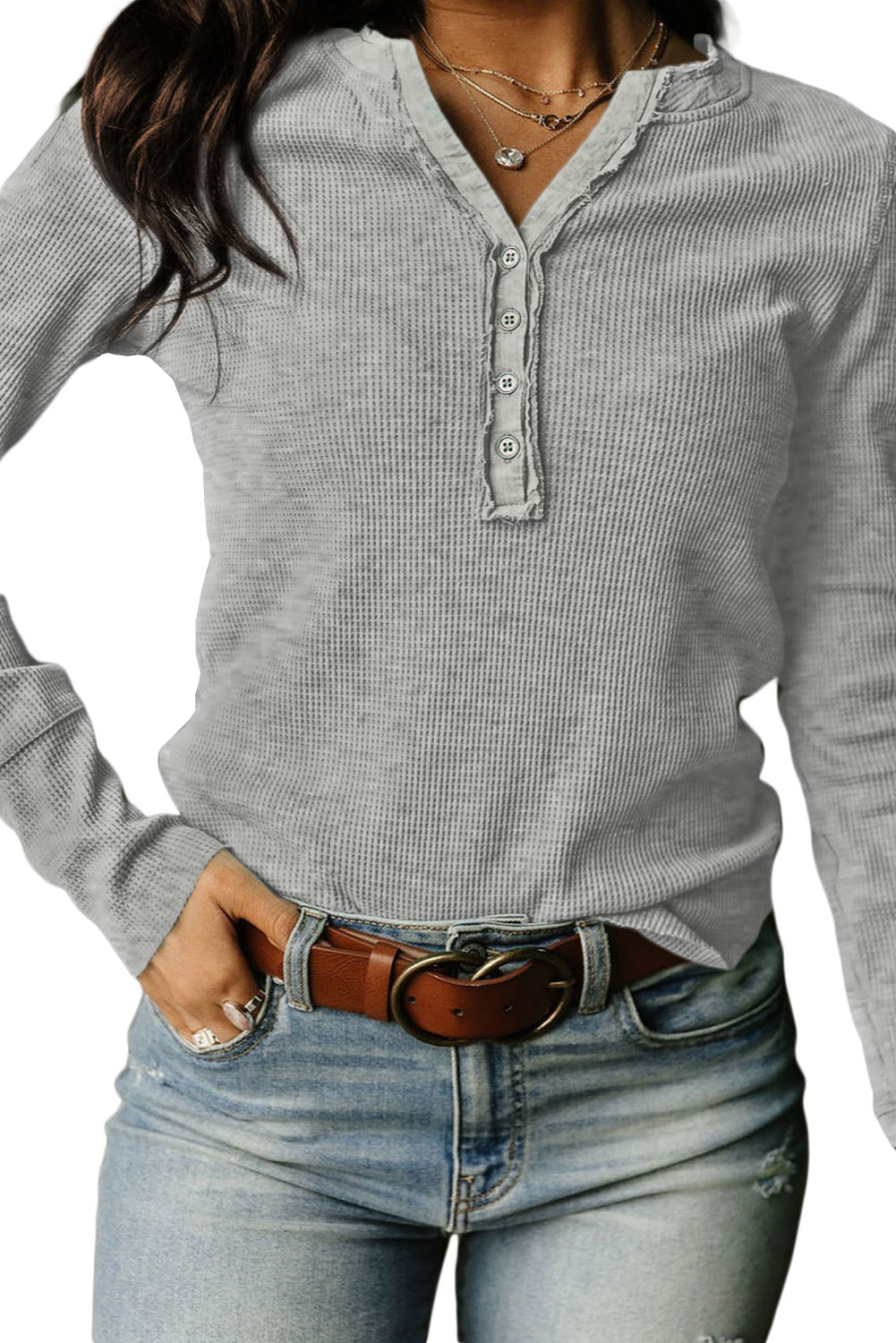Brown Trimmed Neckline Waffle Knit Henley Top