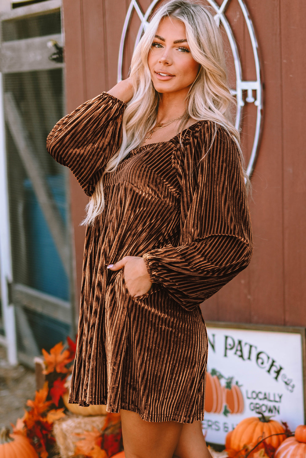 Blackish Green Smocked Ribbed Velvet Babydoll Top
