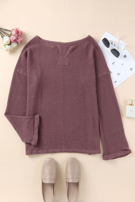 Black Waffle Knit Loose Long Sleeve Top